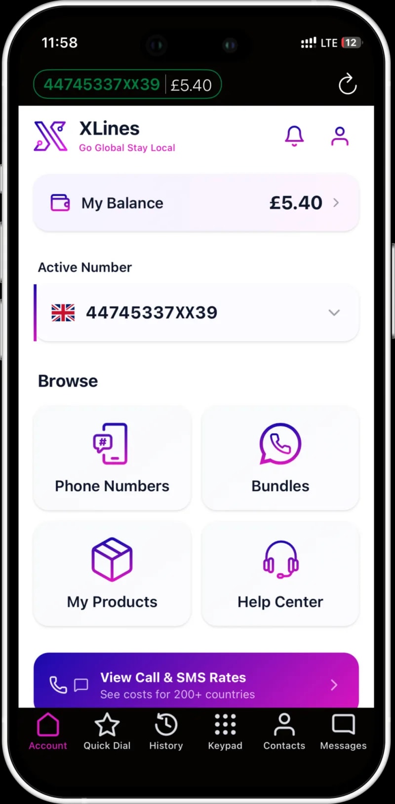XLines app showing an active virtual phone number